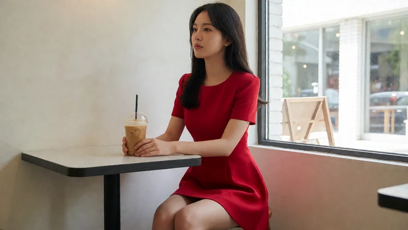虚构成年东亚女性穿红色短裙坐在咖啡馆窗边等人