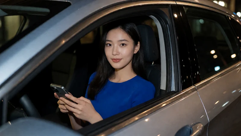 虚构成年东亚女性穿蓝色短裙坐在夜间停靠车辆的车窗旁