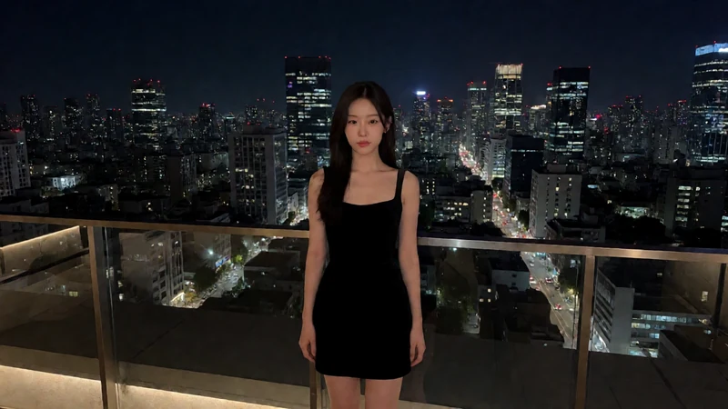 虚构成年东亚女性穿黑色短裙站在安全栏杆内的夜间城市天台